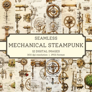Mechanical Steampunk Digital Paper, 12 High Quality Seamless Images, Printable Scrapbook/Textile Designs, Digital Background, Commercial Use