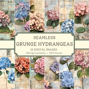 May include: Twelve seamless digital images of hydrangeas in various colors, including blue, pink, and peach, with a grunge background. The images are 300 dpi resolution and in JPEG format.