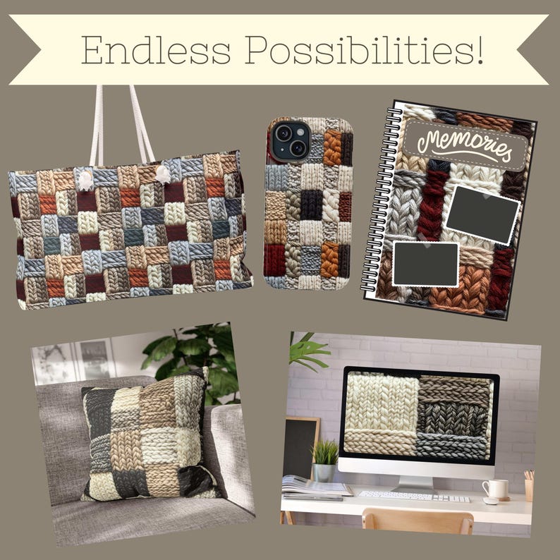 May include: A set of home decor items featuring a knitted pattern in shades of brown, gray, and white. The set includes a tote bag, a phone case, a notebook, a pillow, and a computer screen. The notebook has the word "Memories" written on the cover.
