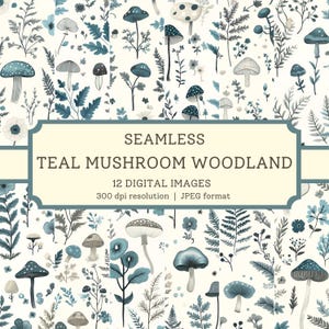 Papel digital Teal Mushroom Woodland, imagens sem emendas de alta qualidade, design têxtil/álbum de recortes para impressão, fundos de samambaia com fungos Cottagecore