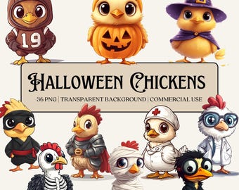 Zestaw clipartów z kurczakami na Halloween, wysokiej jakości pliki PNG, przezroczyste tła, do użytku komercyjnego, cyfrowe upiorne kurczaki, projekt sublimacji