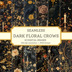 Dark Floral Crows Digital Papier, 12 hochwertige nahtlose Bilder, druckbare Scrapbook/Textil-Designs digitale Hintergründe, kommerzielle Nutzung