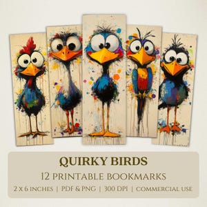 Quirky Birds Printable Bookmarks, High Quality Digital Images, Instant Download, Book Club Lover Gift, Colorful Cartoon Animal Pet Designs