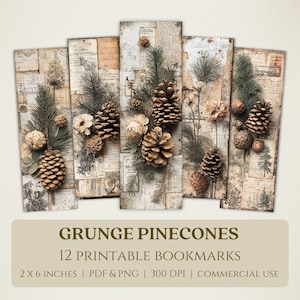 Può includere: Un set di 12 segnalibri stampabili con un design grunge. Ogni segnalibro presenta un collage di trame di carta vintage, pigne e verde. Il testo "GRUNGE PINECONES" è visualizzato. I segnalibri misurano 5.08 cm x 15.24 cm.