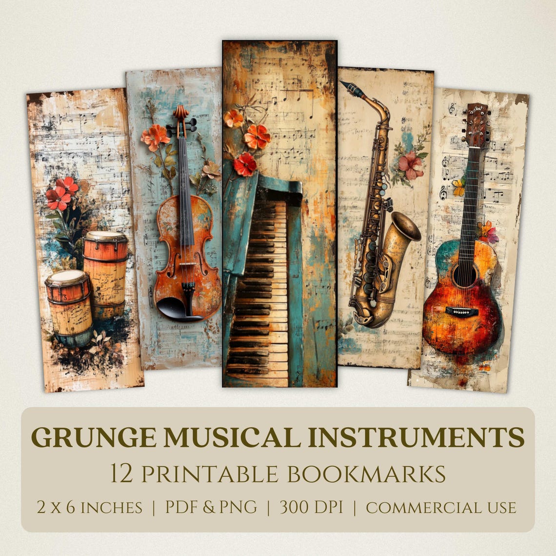Grunge Musical Instruments Printable Bookmarks, High Quality Digital ...