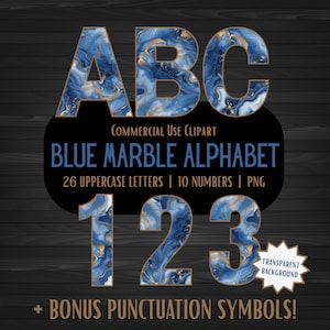Puede incluir: Clipart digital de un alfabeto de mármol azul, que incluye letras mayúsculas, números y símbolos de puntuación. Las letras y los números tienen un diseño de mármol azul y dorado. El texto de la imagen dice "Commercial Use Clipart" y "Blue Marble Alphabet".