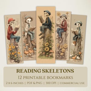 May include: Set of 5 rectangular bookmarks featuring illustrations of skeletons reading books while seated on tree stumps. Each skeleton wears different clothing and is surrounded by flowers and foliage. The text "READING SKELETONS" is at the bottom. Bookmarks are 2 x 6 inches.