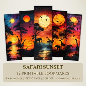 Op de afbeelding: Set van 12 printbare bladwijzers met een safari-zonsondergangsscene met giraffen, olifanten en bomen die zich aftekenen tegen een levendige oranje, gele en paarse lucht. De bladwijzers zijn 5,1 cm bij 15,2 cm en perfect om een vleugje natuur aan uw lezervaring toe te voegen.