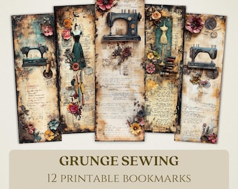 Marcapáginas imprimibles de costura grunge, imágenes digitales de alta calidad, descarga instantánea, para amantes de los clubes de lectura, diario basura, costurera floral PNG