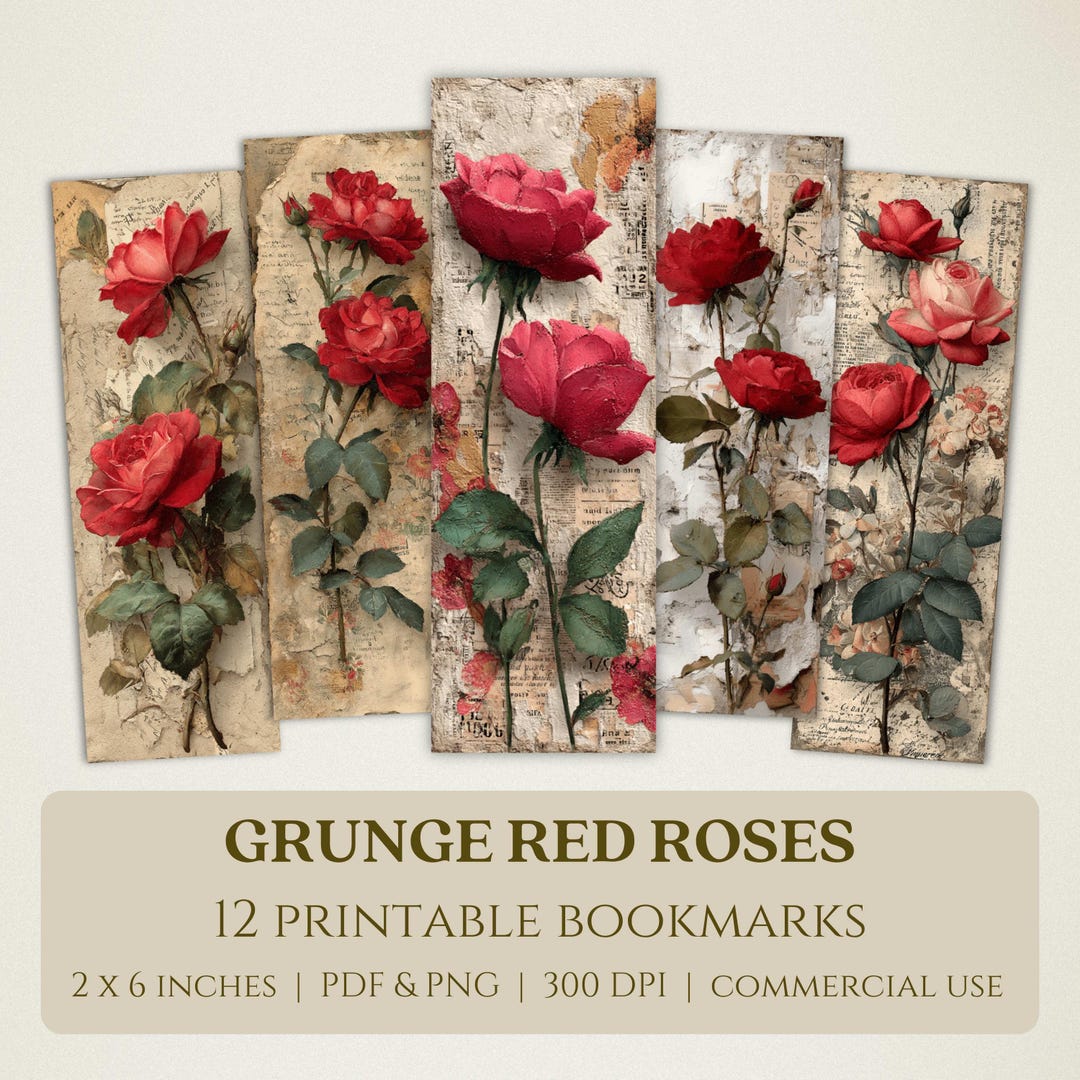 Red Roses Bookmarks Grunge Red Roses Printable Bookmarks, High Quality Digital Images ...