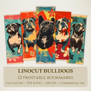 Marcapáginas imprimibles de Bulldogs en linóleo, imágenes digitales de alta calidad, descarga instantánea, regalo para amantes de la lectura, diseños coloridos de cachorros y mascotas PNG