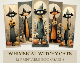 Whimsical Witchy Cats Printable Bookmarks, High Quality Digital Images, Instant Download, Spooky Book Lover Gift, Cottagecore Halloween PNG