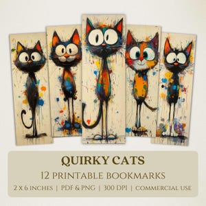 Quirky Cats Printable Bookmarks, High Quality Digital Images, Instant Download, Book Club Lover Gift, Colorful Cartoon Animal Pet Designs