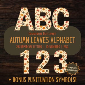 Autumn Leaves Alphabet PNG, A to Z Letters, 0 to 9 Numbers, High Resolution Digital Decorative Lettering Clipart, Transparent Background