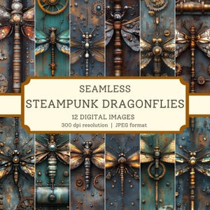 Steampunk Dragonflies Digital Paper, High Quality Seamless Images, Junk Journal Mechanical Scrapbook/ Textile Designs, Digital Backgrounds