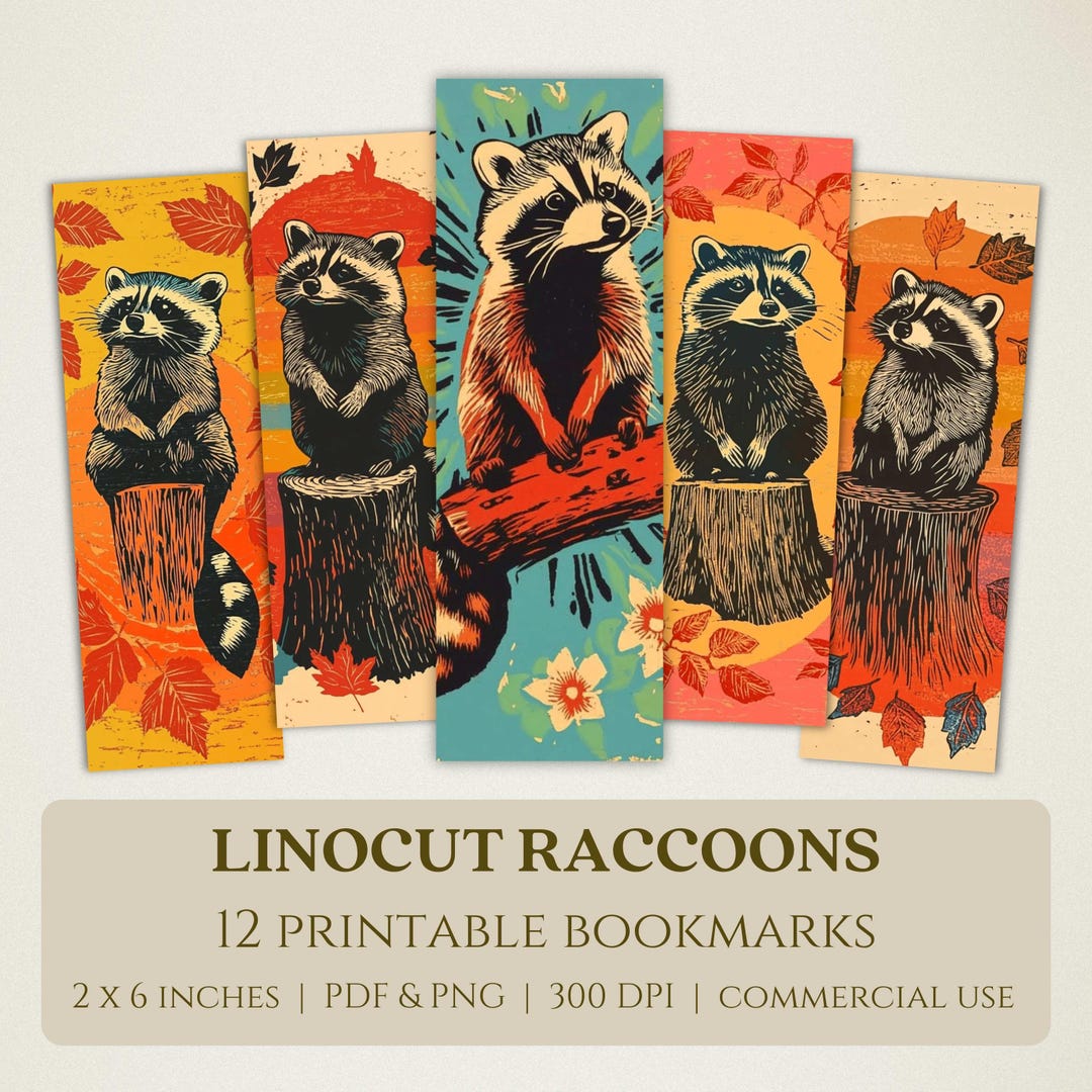 Linocut Raccoons Printable Bookmarks, High Quality Digital Images ...
