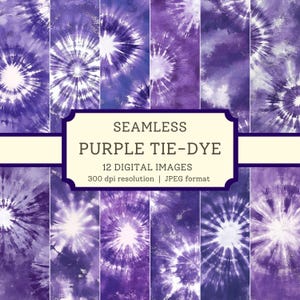 Könnte beinhalten: Zwölf nahtlose digitale Bilder mit violetten Batik-Mustern. Jedes Bild hat eine Auflösung von 300 dpi und ist im JPEG-Format. Die Muster sind ein wirbelnder Mix aus hell und dunkelviolett.