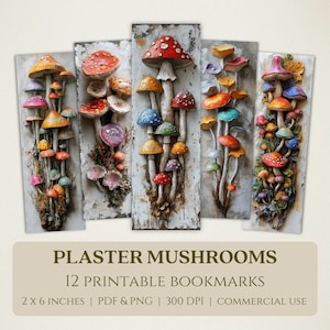Marque-pages imprimables champignons en plâtre, images numériques de haute qualité, téléchargement immédiat, cadeau pour les amateurs de club de lecture, champignon vénéneux Cottagecore PNG