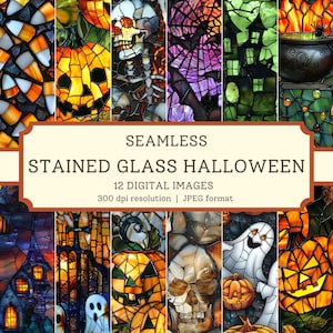 ステンドグラスのハロウィーン デジタル ペーパー、12 枚の高品質シームレス画像、印刷可能な秋のスクラップブック ペーパー/テキスタイル デザイン、デジタル背景