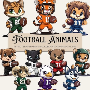 Pacchetto Clipart di animali da football, PNG di alta qualità, sfondi trasparenti, uso commerciale, design digitali per sublimazione di football americano