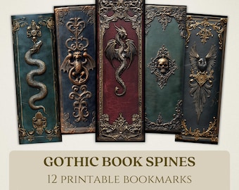 May include: Twelve printable bookmarks featuring gothic book spines with various designs. The designs include a snake, a gargoyle, a dragon, a skull, and a bird. The bookmarks are 2 inches by 6 inches and are available in PDF and PNG formats.