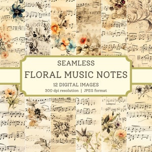 Papel digital con notas musicales florales, 12 imágenes sin costuras de alta calidad, diseños de textiles/álbumes de recortes de jardinería imprimibles, fondos digitales de flores