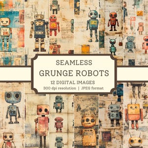 Puede incluir: Un conjunto de 12 patrones digitales sin costuras con robots vintage en varios colores y estilos. Los patrones son perfectos para scrapbooking, papel digital y otros proyectos creativos. El texto en la imagen dice "Seamless Grunge Robots 12 Digital Images 300 dpi resolution | JPEG format".