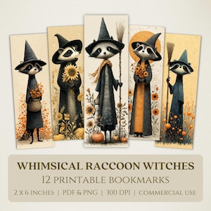 Whimsical Raccoon Witches Printable Bookmarks, High Quality Digital Images, Cottagecore Book Lover Gift, Spooky Woodland Animal Halloween