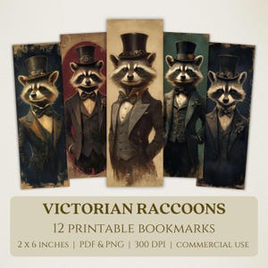 Victorian Raccoons Printable Bookmarks, High Quality Digital Images, Instant Download, Book Club Lover Gift, Clothed Animal Digital Designs