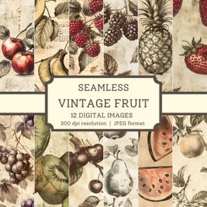 Papel digital de frutas vintage, 12 imágenes sin costuras de alta calidad, álbum de recortes imprimible, diseños textiles de cocina campestre, fondos digitales