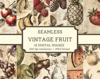 Vintage Fruit Digital Paper, 12 High Quality Seamless Images, Printable Scrapbook, Country Kitchen Textile Designs Digital Backgrounds
