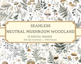 Neutral Mushroom Woodland Digital Paper, High Quality Seamless Images, Printable Scrapbook/Textile Design, Cottagecore Fungi Backgrounds