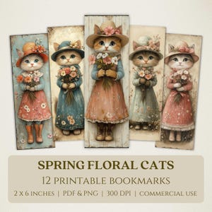 Marque-pages imprimables chats floraux printaniers, images numériques de haute qualité, téléchargement immédiat, cadeau pour les amateurs de club de lecture, chatons félins déguisés