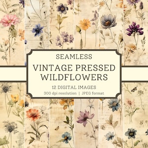 Papel digital vintage de flores silvestres prensadas, imágenes sin costuras de alta calidad, diseños textiles/álbumes de recortes de jardinería imprimibles, fondos digitales