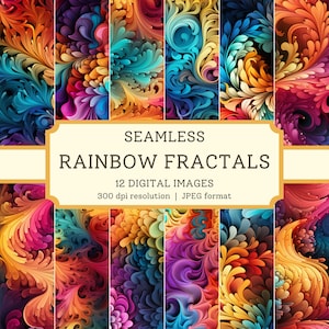May include: A set of 12 digital images featuring seamless rainbow fractal patterns. The images are 300 dpi resolution and in JPEG format. The text "Seamless Rainbow Fractals" is displayed in a gold banner.