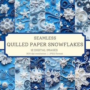 Può includere: Dodici motivi di carta digitale senza cuciture con fiocchi di neve di carta riccia bianchi su uno sfondo blu. Il testo "Seamless Quilled Paper Snowflakes" è visualizzato al centro dell'immagine. Il testo "12 Digital Images" è visualizzato sotto il titolo. Il testo "300 dpi resolution | JPEG format" è visualizzato sotto il conteggio delle immagini.