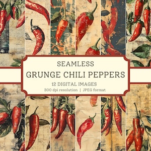 Grunge Chili Peppers Digital Paper, High Quality Seamless Images, Junk Journal Vegetable Scrapbook/Textile Designs, Cooking Backgrounds