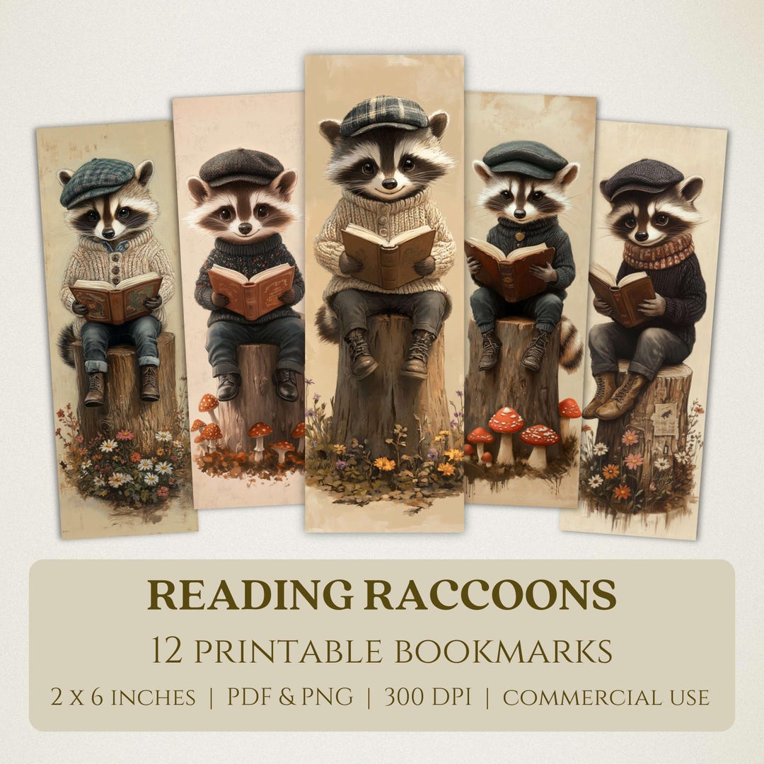 Reading Raccoons Printable Bookmarks, High Quality Digital Images ...