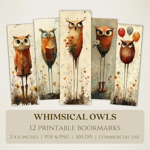 Whimsical Owls Printable Bookmarks, High Quality Digital Images, Instant Download, Book Club Lover Gift, Quirky Cottagecore Birding PNG