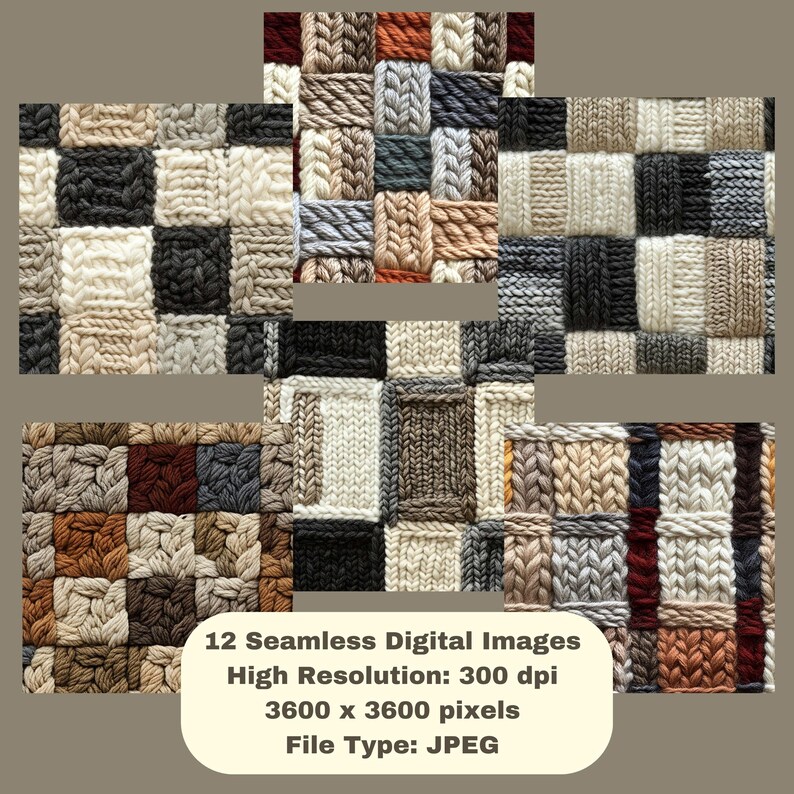 May include: Twelve seamless digital images of knitted fabric in various colors and patterns. The images are high resolution, 300 dpi, and 3600 x 3600 pixels. The file type is JPEG.