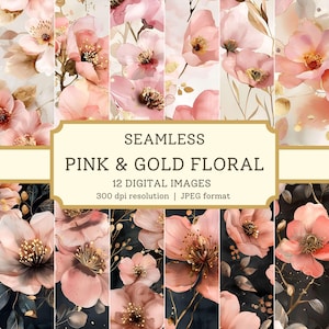 May include: A set of 12 digital seamless patterns featuring pink and gold floral designs. The patterns are perfect for creating backgrounds, scrapbooking, and other craft projects.  300 dpi resolution | JPEG format