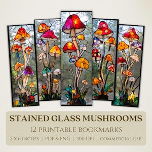 Marque-pages imprimables champignons en vitrail, images numériques de haute qualité, téléchargement immédiat, cadeau pour les amoureux des livres, jardin Cottagecore champignon vénéneux