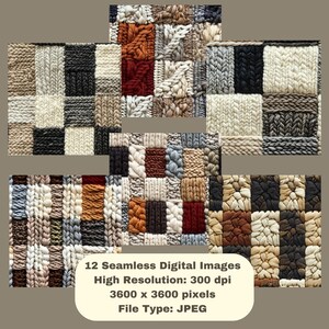 May include: Twelve seamless digital images of various knit textures in a patchwork pattern. The images are high resolution, 300 dpi, 3600 x 3600 pixels, and in JPEG format.