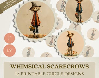 Whimsical Scarecrows Printable 1" & 1.5" Circle Collage Sheets (PDF + PNG) for Making Jewelry, Round Keychains, Stickers, Junk Journals