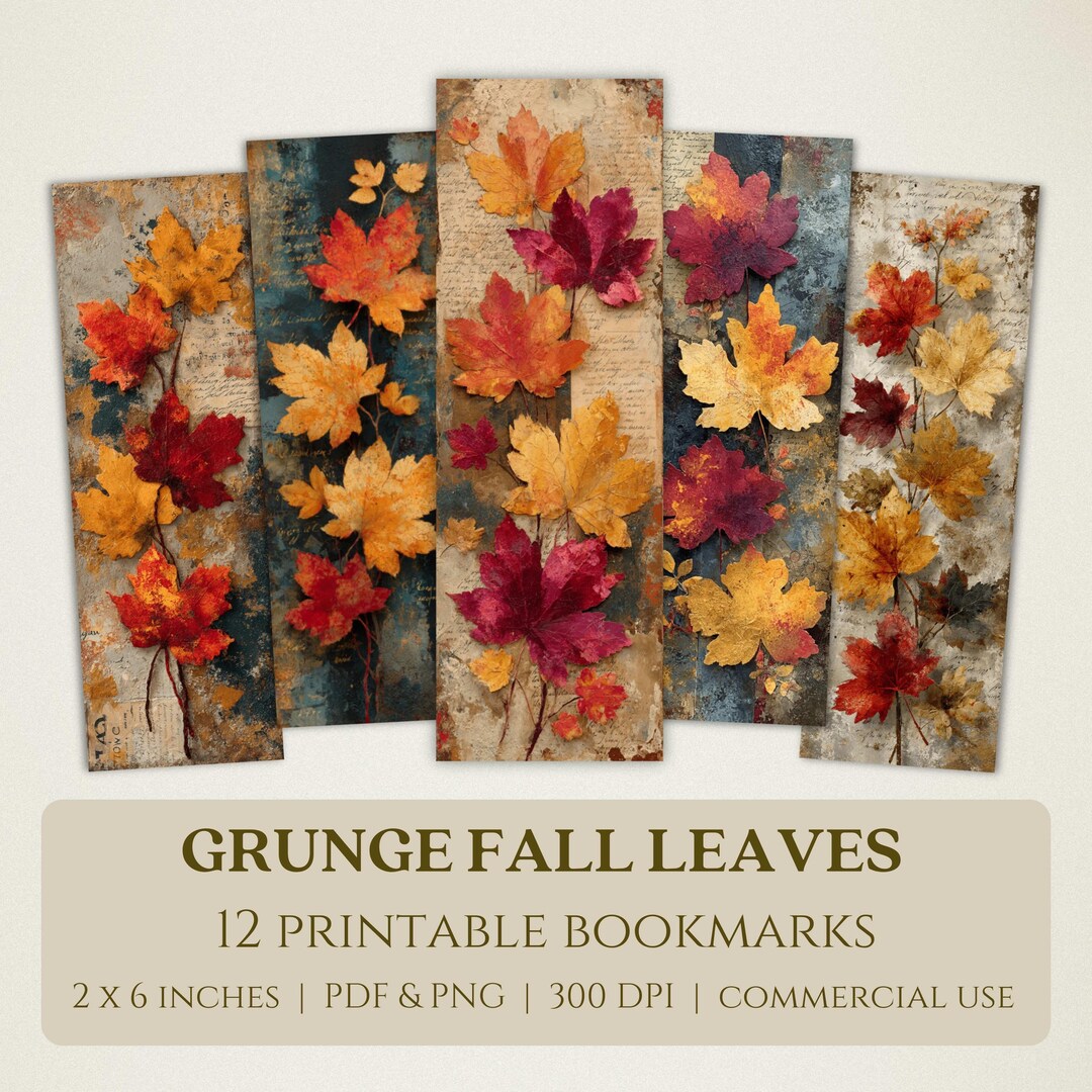 Grunge Fall Leaves Printable Bookmarks, High Quality Digital Images ...