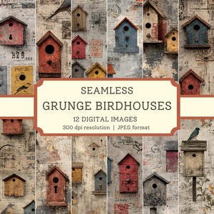 Op de afbeelding: Een collage van digitaal gemaakte vogelhuisjes in verschillende kleuren, waaronder rood, blauw en geel, tegen een achtergrond met een vintage-stijl textuur. De afbeelding bevat de tekst "SEAMLESS GRUNGE BIRDHOUSES" en details over de digitale afbeeldingen.