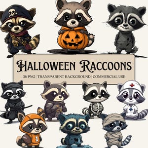 Bundle de cliparts Halloween ratons laveurs, PNG haute qualité, arrière-plans transparents, usage commercial, animaux effrayants numériques, sublimation