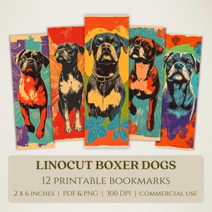 Marcapáginas imprimibles de perros bóxer en linograbado, imágenes digitales de alta calidad, descarga instantánea, regalo para amantes de los clubes de lectura, diseños coloridos de cachorros PNG