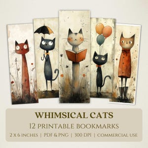 Whimsical Cats Printable Bookmarks, High Quality Digital Images, Instant Download, Book Club Lover Gift, Quirky Vintage-Style Pet Kitten PNG