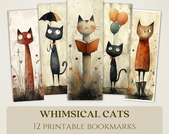 Whimsical Cats Printable Bookmarks, High Quality Digital Images, Instant Download, Book Club Lover Gift, Quirky Vintage-Style Pet Kitten PNG